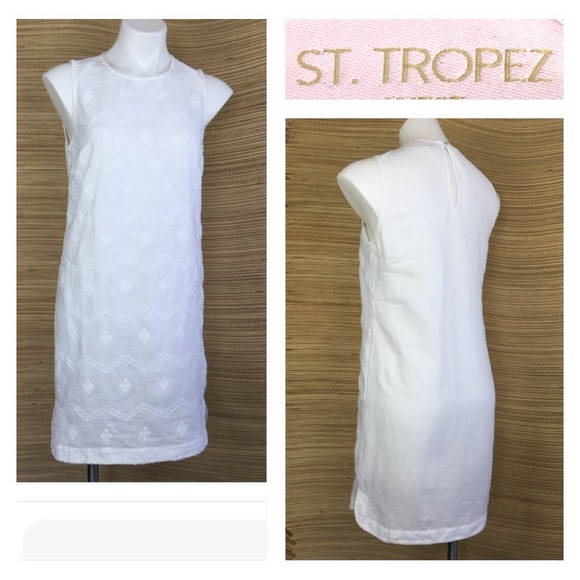 St Tropez 100% Linen Embroidered Front Sleeveless Shift Dress White/Cream Size 6 - Picture 2 of 9